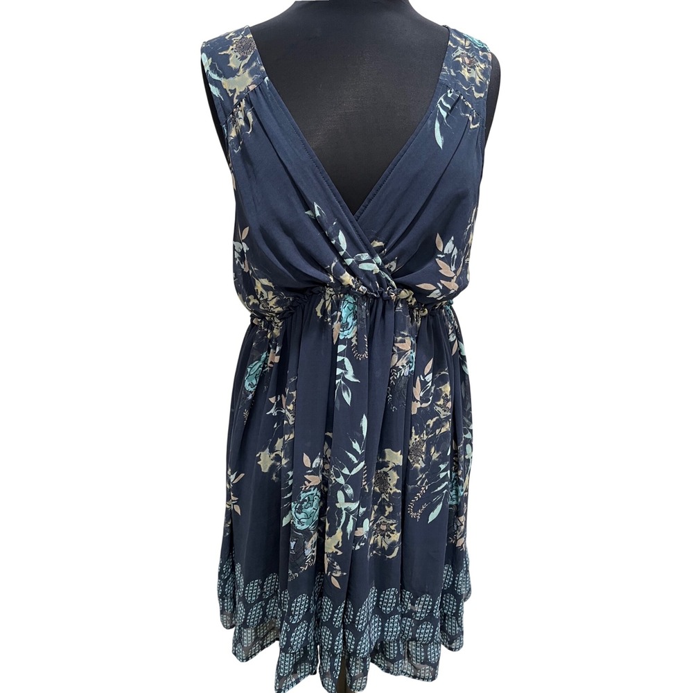 Free People Womens Navy Blue Floral Print V-Neck Sleeveless Mini Dress Size L